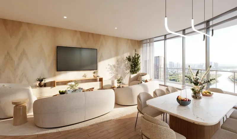Open-plan living and dining room with marble dining table, oak flooring and mangrove views