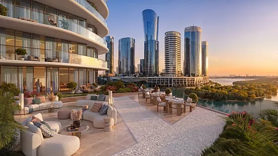 Residents' terrace lounge at sunset overlooking the canal