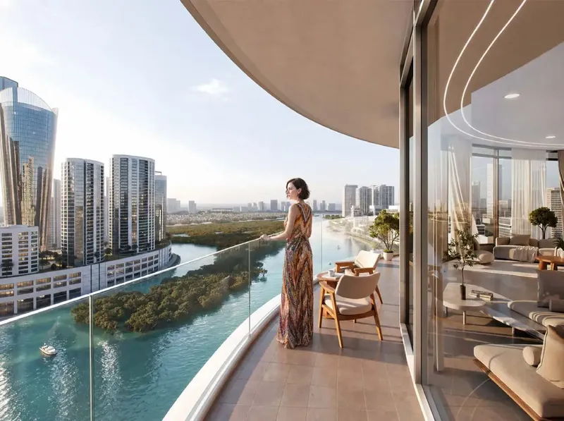 Penthouse-level balcony view over the canal and mangroves
